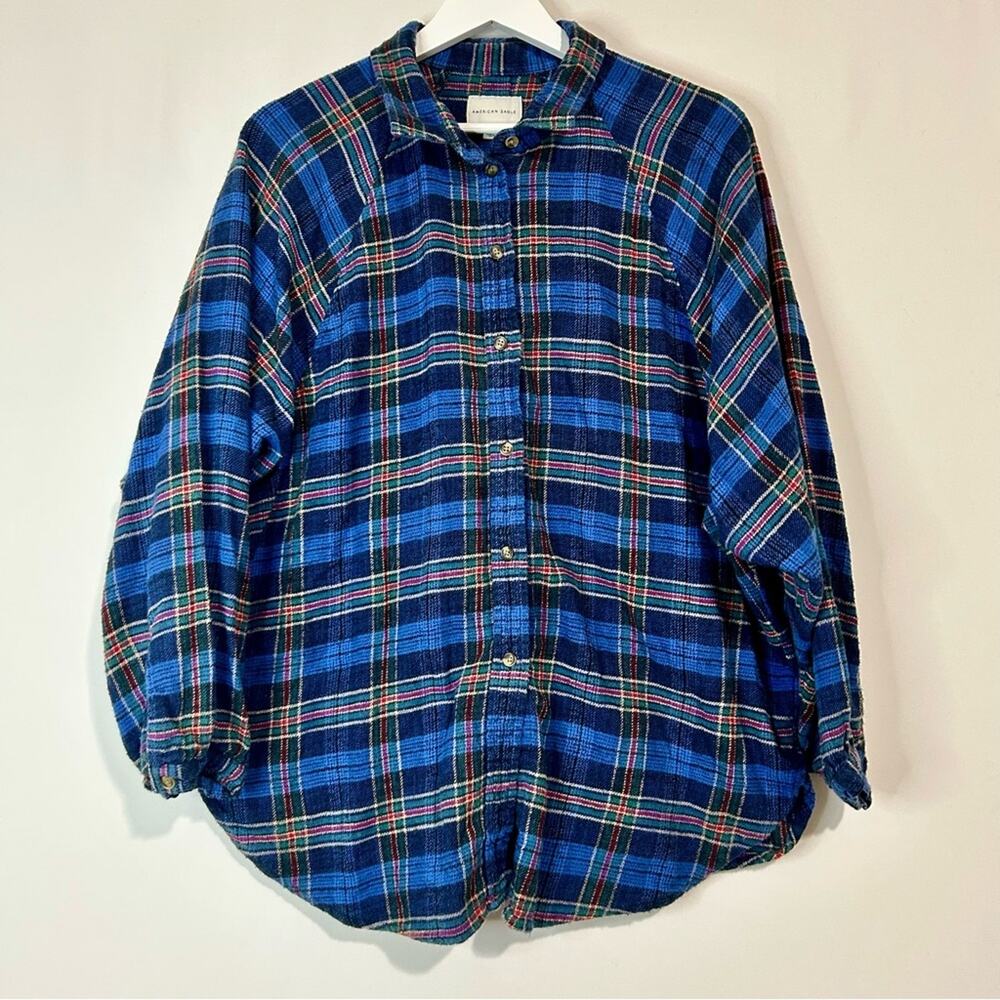 American Eagle Women’s Plaid Long Sleeve Button Up Blouse Blue Size Large EUC